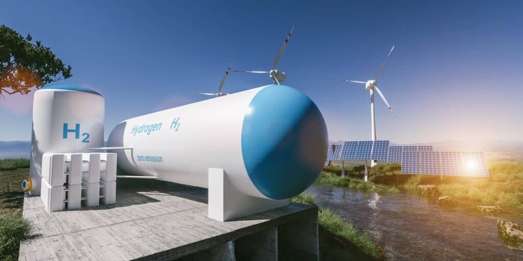 Wasserstoff Energieträger der Zukunft - Bild zeigt Wind- und Solaranlagen mit Power to Gas Anlage