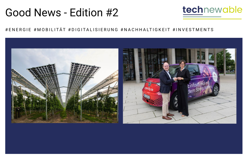 Teaserbild für das Beitragsformat Technewable Good News Edition mit Logo und zwei Beitragsbildern im Corporate Design von Technewable